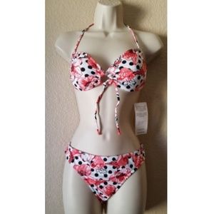 Surfside 2pc Floral Polka Dot Halter Bikini Swimsuit Set Size M Pink